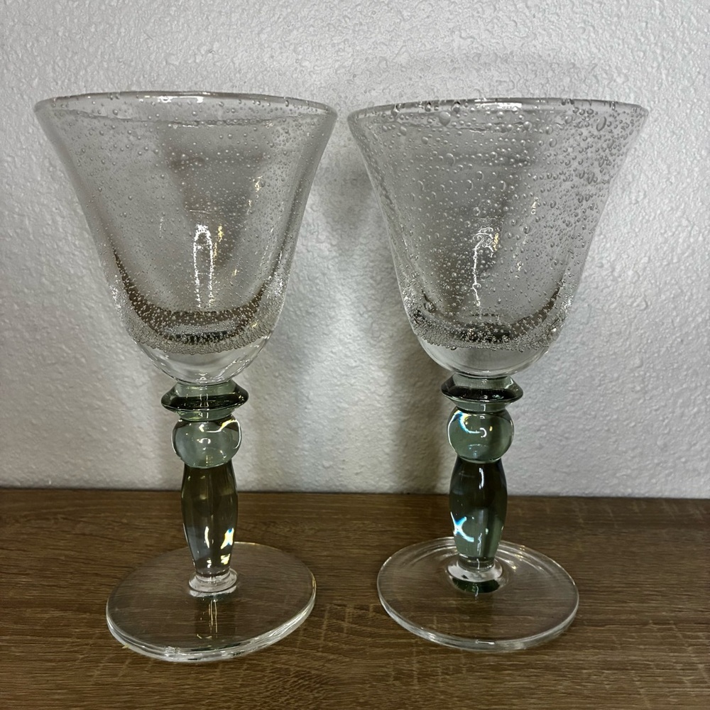 Pottery Barn Hand Blown Bubble Glass Goblets Set of 2 Seeded Vintage Green Stem